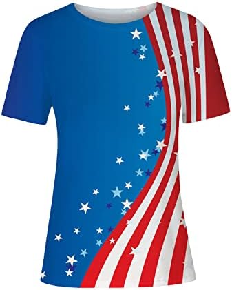 Црвени бели и сини кошули за жени 4 -ти јули врвови со кратки ракави екипаж на американски ден на патриотски кошули на Денот на независност