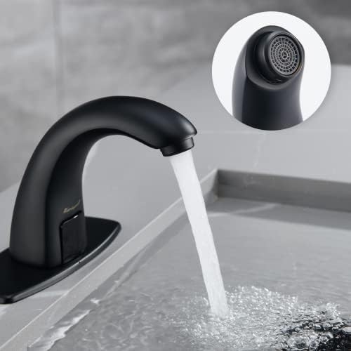 Тапа за мијалник за мијалник за бања со шармантна вода, бесплатна автоматска тапа со сензори со плоча за капаци, мат црна боја