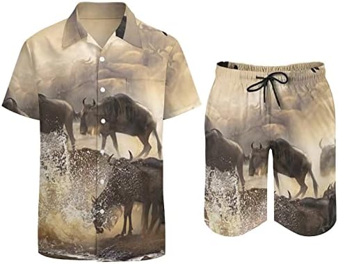 Африкански диви животни диви дивии, 2 парчиња хавајски постави копче-долу лабава фит маици кошули панталони за плажа панталони