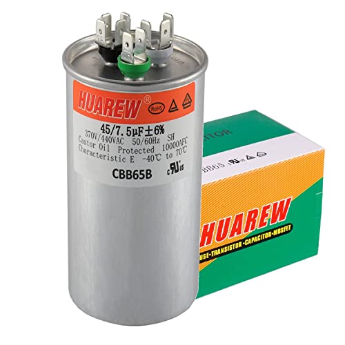 Huarew 45+7,5 uf ± 6% 45 7,5 MFD 370/440 VAC CBB65 Двојна патека за почеток на кондензаторот за кондензатор директно ладно или топлинска