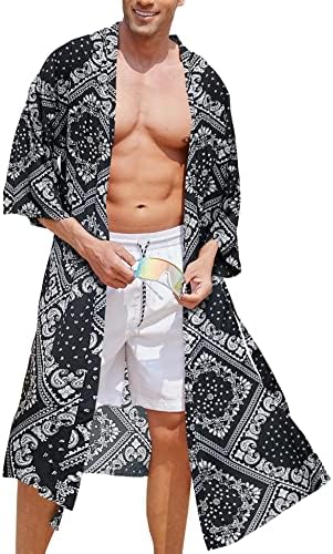 Астосеу Машка лесна кимоно облека јапонска јакна печатена бањарки обични отворени предни кардигански палто со појас