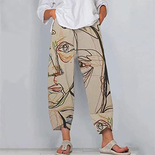 КРАТКО Време Директно Панталони Секојдневен Панталони Со Џебови Жените Лабава Половината Памук Долг Висок Печатење Панталони Средно