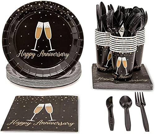 Декорации и материјали за забави со среќна годишнина од 144 парчиња, вклучуваат плочи, салфетки, чаши и прибор за јадење, големо