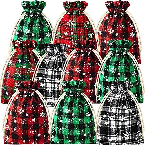 Среќни 25 Парчиња Божиќни Торби Со Врвки Со Снегулка Шема Биволи Карирани Чанти За Наклонетост Ленена Ткаенина Торба За Подароци За Божиќна