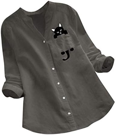 Копче за цветни кошула со големина на жени со големина на долги ракави со долги ракави, обични лабави врвови маица блуза