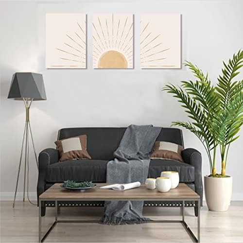 Бохо wallиден уметнички сет од 3, врамена платно wallидна уметност жолто сонце што изгрева на хоризонтот геометриски илустрации на природата