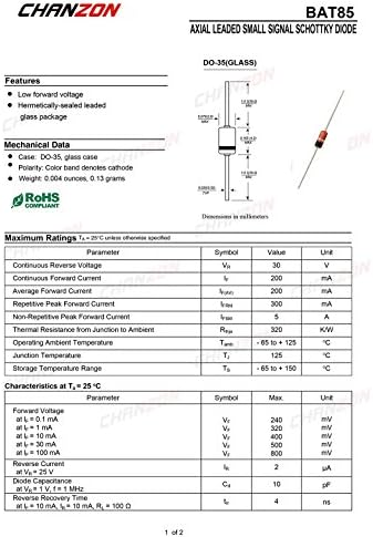 Chanzon BAT85 Schottky Barier Rectifier Diodes 200MA 30V DO-35 Аксијален 0.2A 30 волт диоди за префрлување на мал сигнал