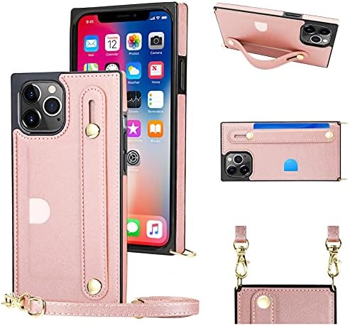 Kihuwey компатибилен со iPhone 12 iPhone 12 Pro Crossbody Case Case со држач за кредитна картичка, заштитен случај на капакот на Kickstand 6.1