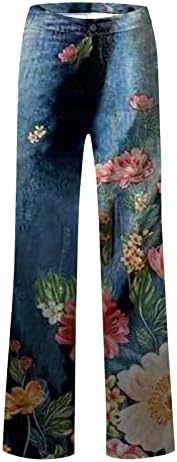 Висока половината долга пан -дами патент удобна права нога со џебови обични гроздобер цветни панталони со широки нозе