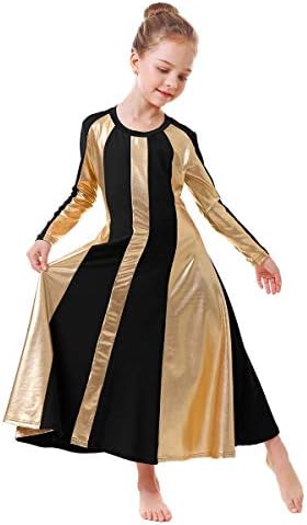 Owlfay металик злато пофалби танц фустан за девојки Девојки со долг ракав блок во боја литургиско лирско обожавање на танцување облека за танцување