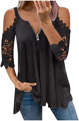 Студените врвови на туниката на ладното рамо за жени трендовски поштенски v врат маица чипка чипка од блуза со кратки ракави цврсти летни кошули