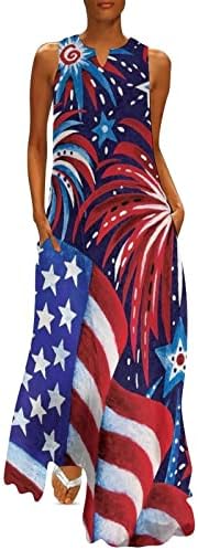 4 јули Макси Фустан За Жени Лабава Лежерна Летна Бохо Фустан Без Ракави Фустан Со Врат Американско Знаме Лелеави Фустани На Плажа