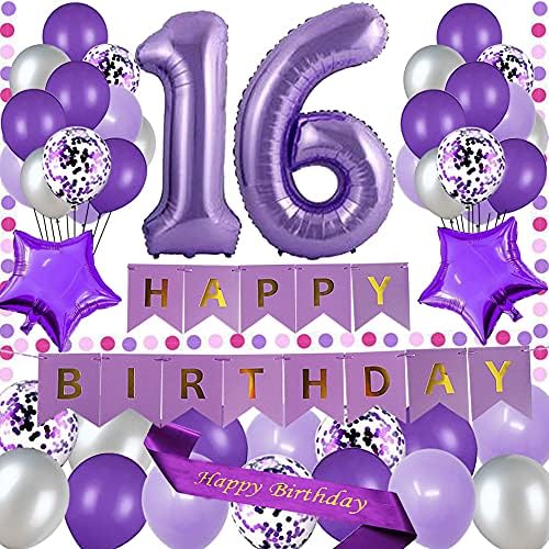 yujiaonly 16 -ти роденденски украси за забави Виолетова среќен роденденски банер Виолетова 40inch број 16 среќен роденден Балони со латекс