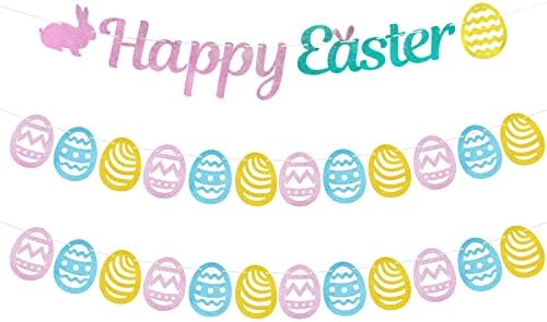 3 парчиња среќен Велигденски транспарент Гарланд - шарен зајаче зајачки јајца шема што виси бунтан банер за мантија, камин, лов на велигденски