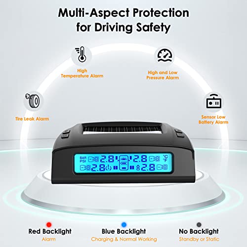 Систем за следење на притисокот на гумите на Tymate - соларно полнење RV TPMS, 5 режими на аларм, автоматско осветлување и режим на