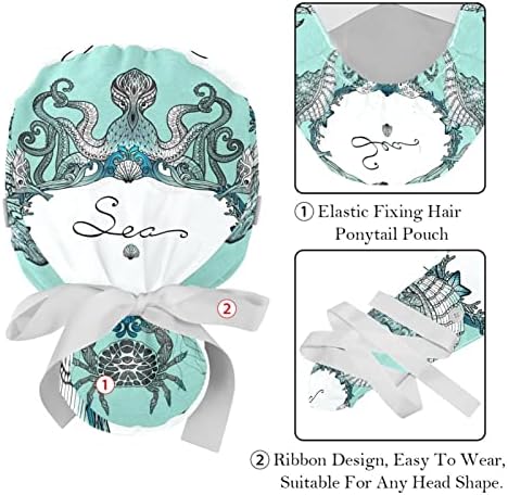 Работна капа со копчиња Медицинска сестра буфантна капа морски живот Doodle Seahorse Octopus Crab Vintage Scrub Cap за жени долга коса