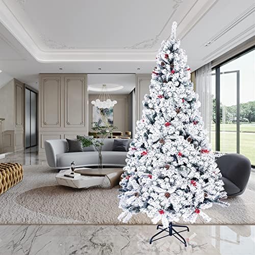 Sgavtey 7.5ft вештачко дрво од хритмас, премија снег собрана елка со 42 борови конуси и 42 црвени бобинки, бела новогодишна елка
