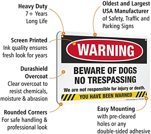 SmartSign 7 x 10 инчи „Предупредување - Пазете се од кучиња, без престап, не е одговорно за повреда или смрт“, метален знак, 40 мил ламинат