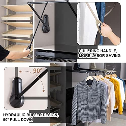 SXFYWYM гардероба Повлечете се надолу од 120 ° Плакарот, алуминиумска прилагодлива лифт облека што висат железница со хидрауличен тампон,