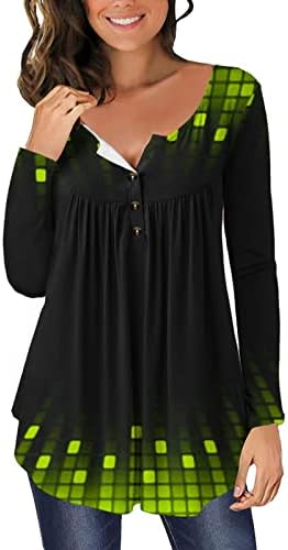 Womenените трендовски врвот на туниката за хеланки градиент на карирана вода коцка маици градиент обичен фустан Хенли проток блузи