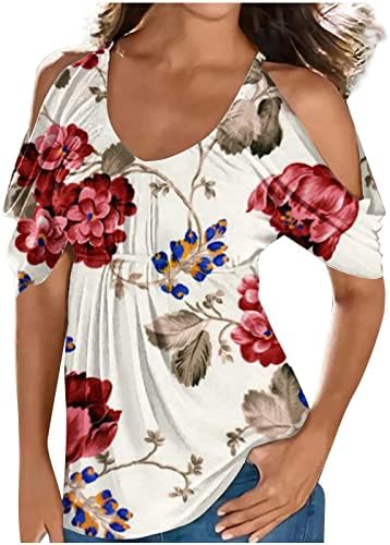 Женски блузи и врвови облечени цветни печати екипаж на кратки ракави летни кошули секси надвор од рамената Туника врвови блузи