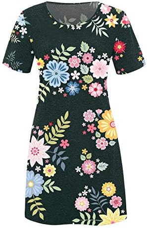 IQKA жени маица фустан летен краток ракав o вратот лежерен лабав краток фустан цветен печатен графички кошула фустани