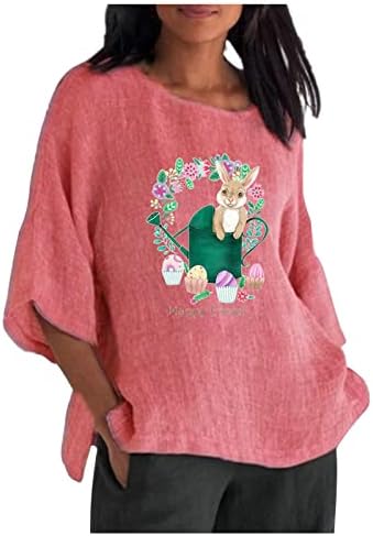3/4 ракави врвови жени летни памучни постелнина врвна мода 2023 случајна симпатична зајак тркалезник Велигденски кошули