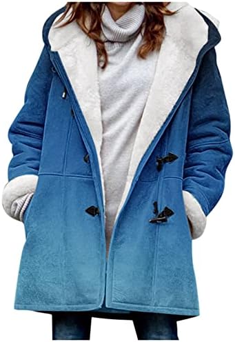 Задебелен палто на жените топол градиент боја зимски рог тока руно руно наредена качулка плишана со средна должина на палто за палто со
