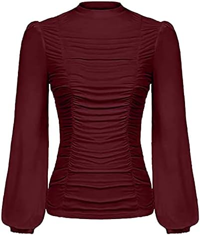 Женски модни цврсти бои долги ракави на фенер со високи врат -плетени тенок моден дуксери џемпери џемпери