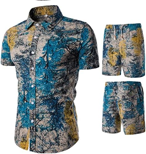 Облека за прегледи со 2 парчиња за мажи, модна хавајска кошула и кратки сетови Гроздобер спортска облека за спортска облека Хаваи