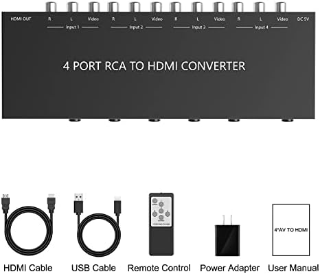 Azduou 4 AV до HDMI, 1080p/720p 4 Way RCA композитен CVBS AV Префрлување на HDMI конвертор Адаптер Поддршка 4: 3/16: 9 Преклопување,