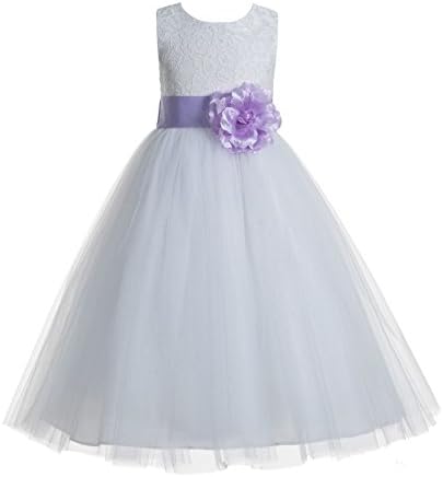 Бела цветна чипка срцев отсечен цвет девојки фустани крштевки фустани 172t