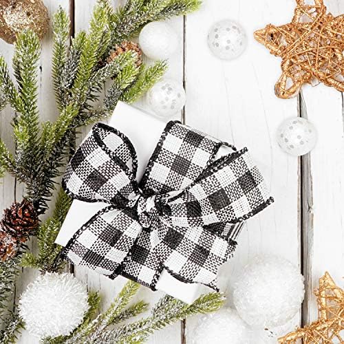 Funarty црно -бело биволско карирано лента Божиќна жична лента 2,5 инчи x 24 јарди за лакови на новогодишни елки, декорација на венец,
