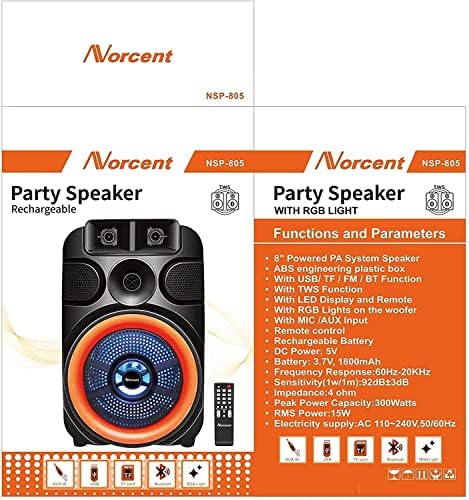 Norcent NSP -805 8 '' Преносен Bluetooth звучник со Woofer, безжичен звучник на отворено во затворен простор со Bluetooth Support FM Radio,