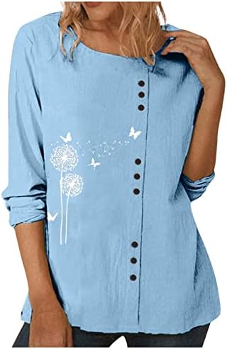 Женски мода цврста боја врвови со долги ракави есен лабава обична маици печатење памучни постелнини блузи