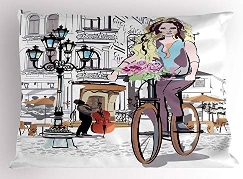 Амбесон Париз перница Шам, млада девојка велосипед и рози во улица стариот град музичар романтичен турнеја град, декоративна стандардна