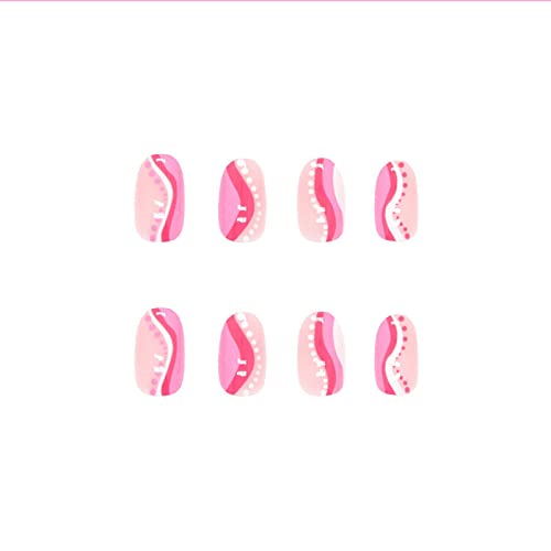 Misud Round Press на ноктите кратки лажни нокти розови бран точка овални акрилни нокти сјајно лепак на ноктите 24 парчиња бели дизајни за вртење