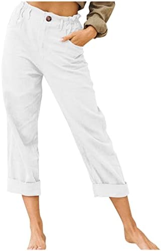 Ruiruilico capris for жени летни постелнини памучни панталони обични еластични високи половини исечени тенок салон плажа панталони