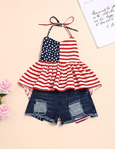 Билисон 4 -ти јули девојки Девојки летни облеки Американски starвездички каиш без бек -бек врвни кратки фармерки независни дневни облеки во сет
