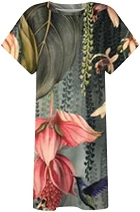Летни фустани за жени 2023 година лабава разделена лилјак краток ракав лажичка за вратот мини фустан случајни печатени печатени плажа маички