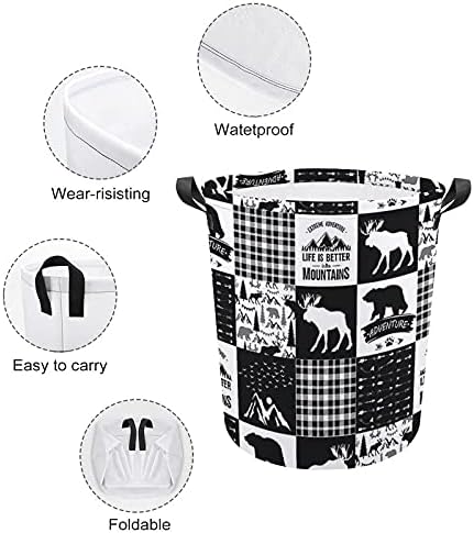 Кошница за перење FODUODUO BLAKC и бели карирани и шумски животни, алишта за перење со рачки што се преклопуваат со преклопување валкана облека