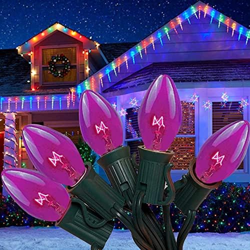 Божиќни жици светла на отворено затворен жици светла 25ft C7 керамички гроздобер Божиќни светла со 27 розови блескави светилки за