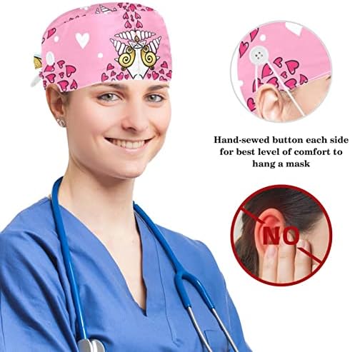 Операција капа буфан капа работно капаче со копчиња и лак за коса за жени, долга коса, еднорог срце розова
