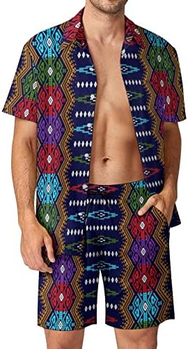 Племенска шема на племенска шема Ацтека, машка облека за плажа 2 парчиња Хавајско копче надолу со кошула Краток ракав и шорцеви.