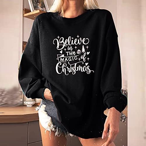 Среќен Божиќ Руно Пуловер Блузи За Жени Повик Мода Капка Рамо Долг Ракав Лабава Одговара Дуксери