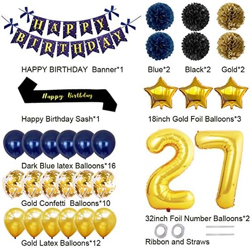 Јуџијасамо Украси ЗА Забави ЗА 27-МИ Роденден - Среќен Роденден Банер Златен Број 27-МИ Балони Среќен Роденден Појас Латекс И Конфети