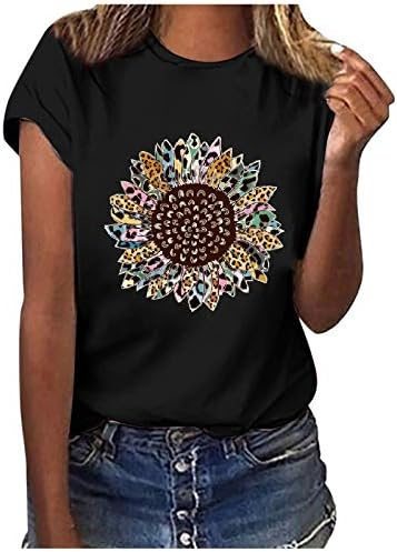 Letulенски сончоглед летен маица плус големина лабава блуза врвови девојки кратки ракави цветни печати обични симпатични графички маички