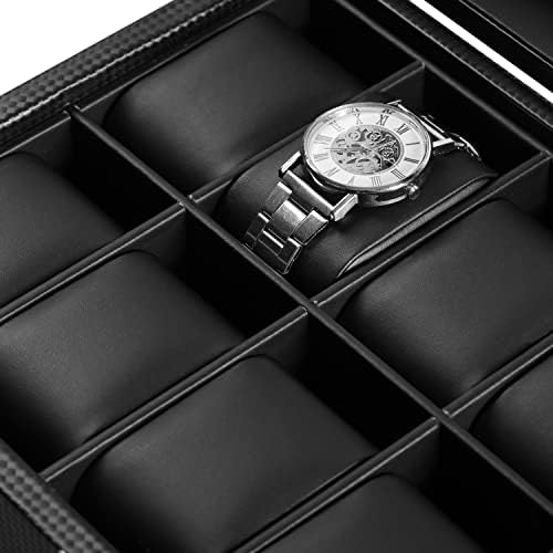 Бастуо Часовник Кутија За Мажи, 12 Слотови Луксузни Часовник Случај Дисплеј Организатор, Накит Кутија Со Јаглеродни Влакна Дизајн &засилувач;