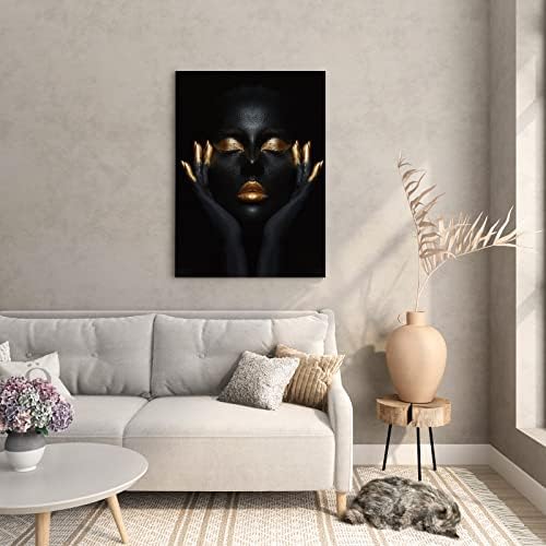 Сликарство на wallидни уметности со рамка, црна и златна мода црна жена портрет уметнички дела афроамерикански wallидни уметности модерни wallидни