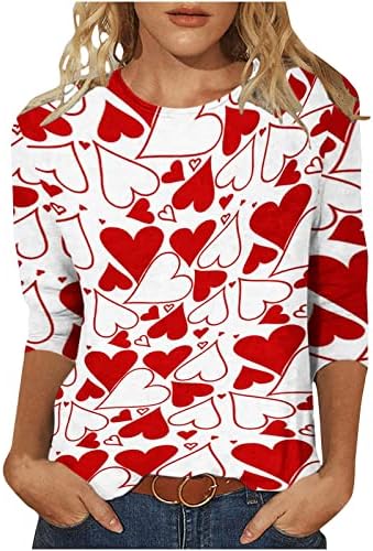 3/4 врвови за ракави за женски моден графички графички пулвер кошула в Valentубена блуза за печатење на туники обични лабави маички кошули